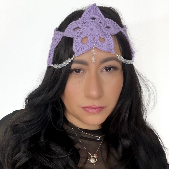 NWT Crochet Purple Handmade Star Headband Crystal Beaded Festival Rave Boho - Picture 1 of 4